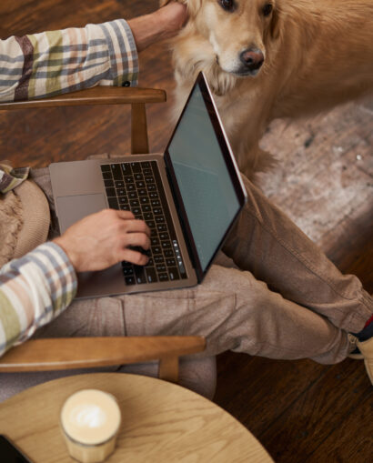 Vertical cropped picture of male hands typing on keyboard, using laptop and petting the dog, cafe visitor working and spending time with his puppy.