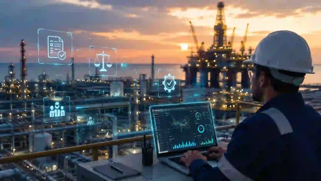Oil and gas engineer monitoring compliance and operations software at a refinery facility