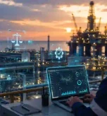 Oil and gas engineer monitoring compliance and operations software at a refinery facility