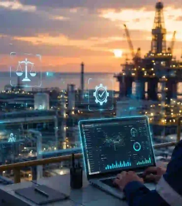 Oil and gas engineer monitoring compliance and operations software at a refinery facility
