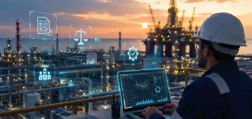 Oil and gas engineer monitoring compliance and operations software at a refinery facility