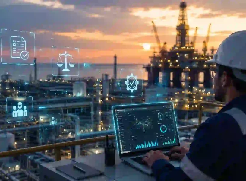 Oil and gas engineer monitoring compliance and operations software at a refinery facility