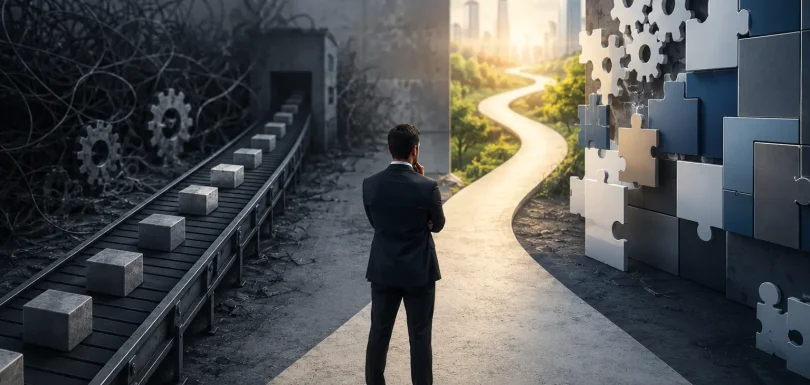 Business leader choosing between generic software limitations and custom B2B solutions