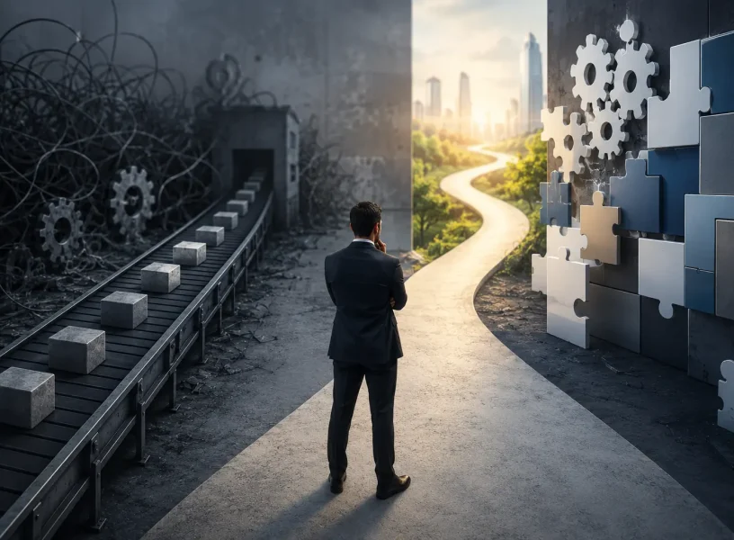 Business leader choosing between generic software limitations and custom B2B solutions