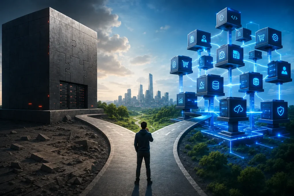 Futuristic illustration comparing microservices and monolithic software architecture, showing modular interconnected services on one side and a unified monolithic system on the other, representing enterprise application architecture choices in 2026.