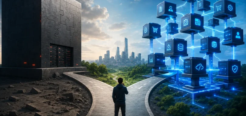 Futuristic illustration comparing microservices and monolithic software architecture, showing modular interconnected services on one side and a unified monolithic system on the other, representing enterprise application architecture choices in 2026.