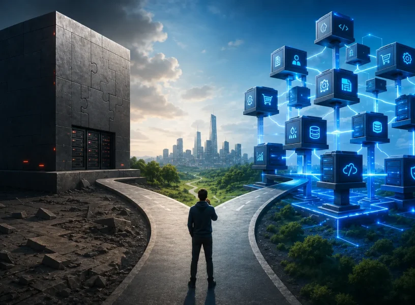 Futuristic illustration comparing microservices and monolithic software architecture, showing modular interconnected services on one side and a unified monolithic system on the other, representing enterprise application architecture choices in 2026.