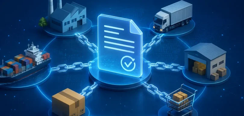 Blockchain smart contract verifying product traceability across supply chain stages