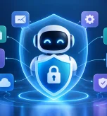 AI agent protected by cybersecurity guardrails and a digital shield