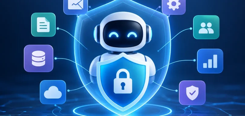 AI agent protected by cybersecurity guardrails and a digital shield