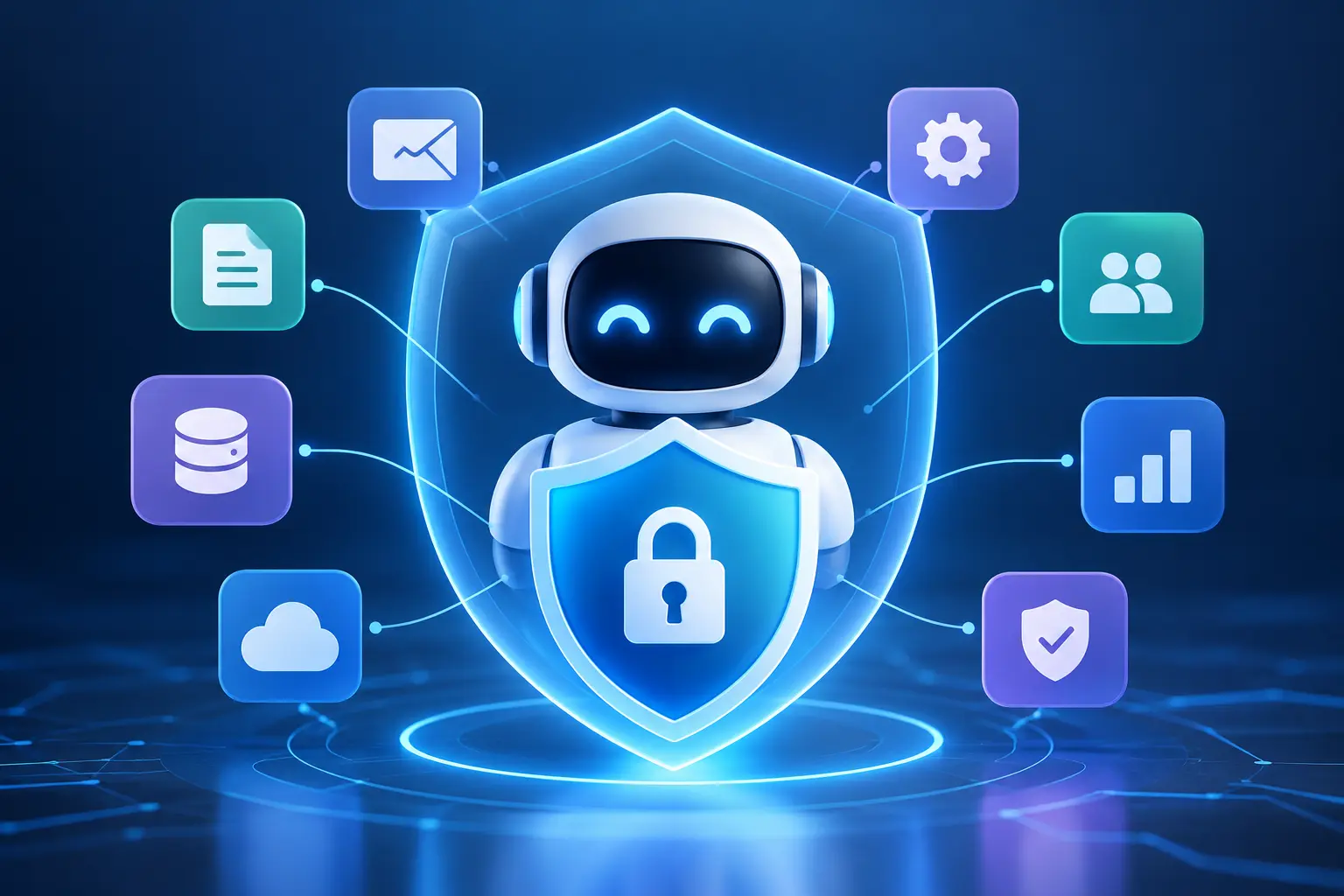 AI agent protected by cybersecurity guardrails and a digital shield