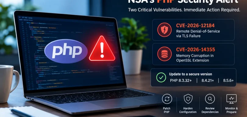 NSA PHP security alert highlighting two critical PHP vulnerabilities and recommended updates to protect web applications.