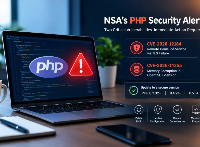 PHP Security Alert Workspace NSA PHP security alert highlighting two critical PHP vulnerabilities and recommended updates to protect web applications.