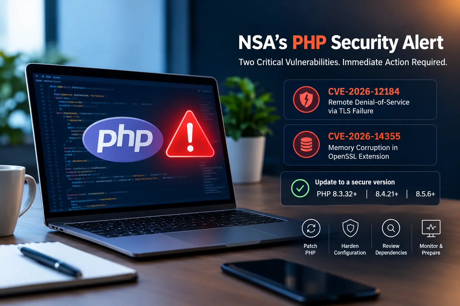 NSA PHP security alert highlighting two critical PHP vulnerabilities and recommended updates to protect web applications.